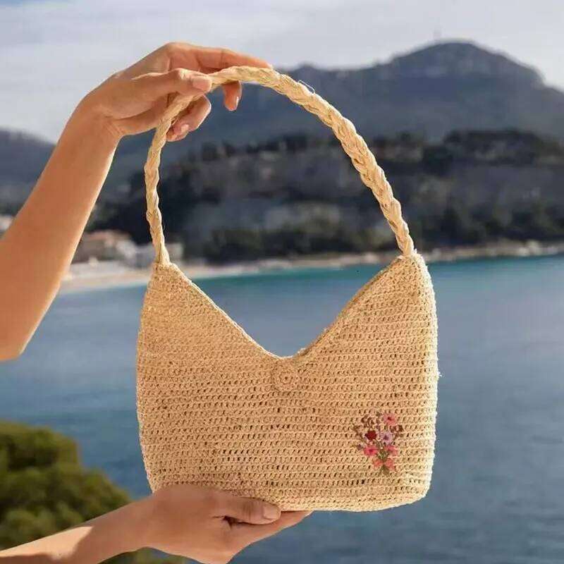 New Summer French Elegant Raffia Grass Underarm Bag For Women Fashion Shoulder Vintage Handbag Designer Tote Flower Embroidery