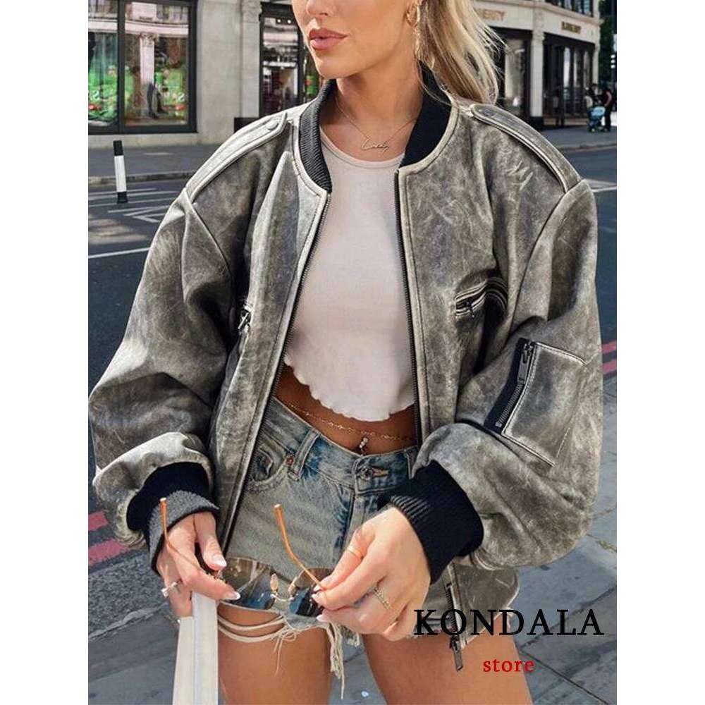 KONDALA Chic Solid Gray Faux Leather Streetweat Long Sleeve Zipper Jacket Fashion 2023 Autumn Casual Cool Y2K Pockets Outwear
