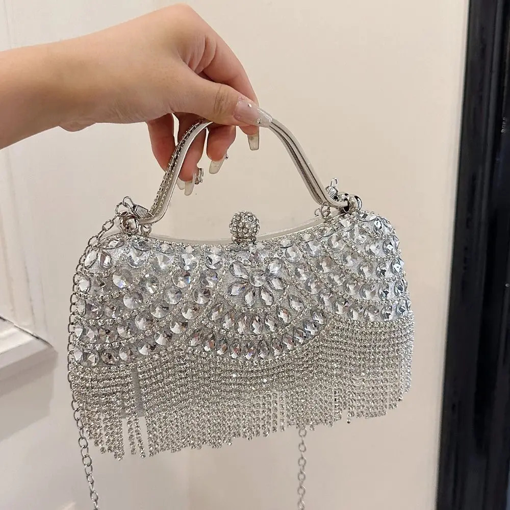 Metal Top Handle Tassel Evening Banquet Bag Glitter Wrist Bag Box Handbag Large Capacity Rhinestone Ladies Clutch Bag Women 250606
