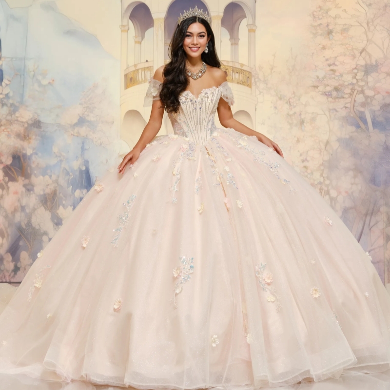 Beige Shiny Quinceanera Dresses Ball Gown Off The Shoulder Applique Flower Beading Tull Sweet 16 Dress Vestidos 15 De Anos
