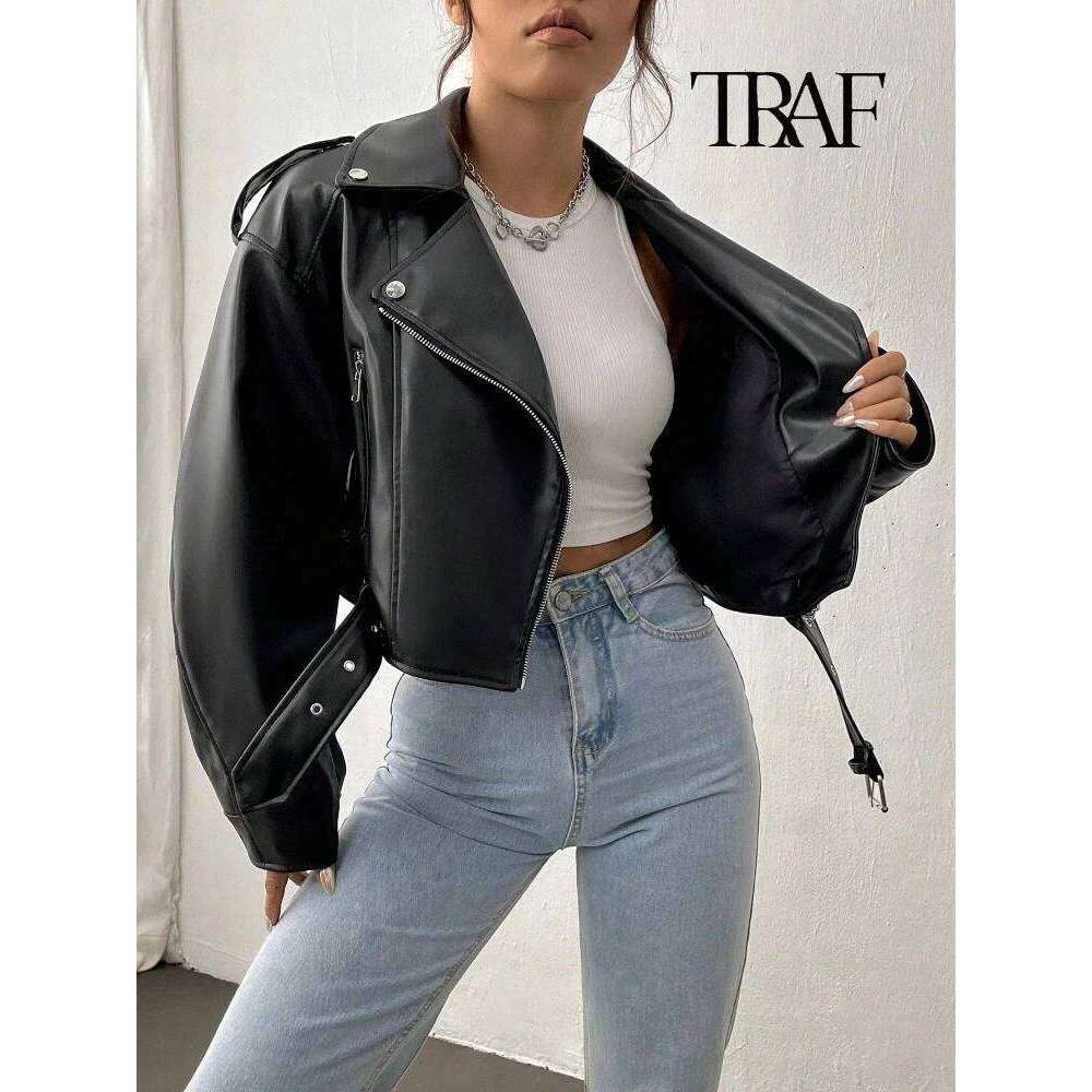 TRAF Women's Vintage Loose Belt Shoulder Badge Zipper Lapel Jacket Handsome Washed Leather Motorcycle Clothing
