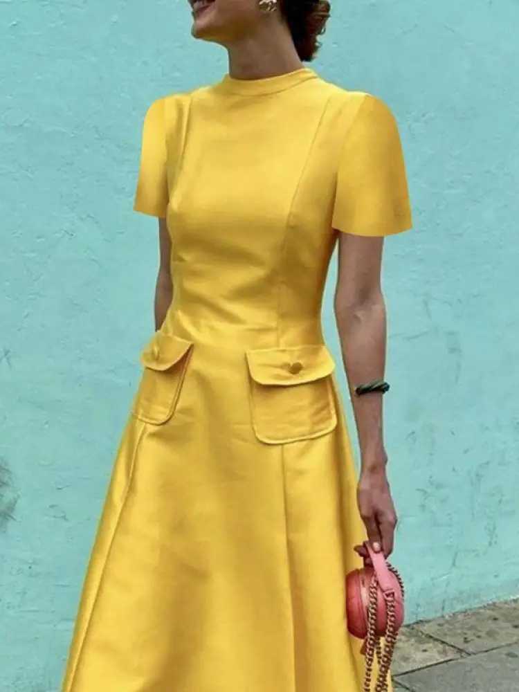 Elegant Party Evening Maxi Dresses for Women 2024 New Summer Short Sleeves Pockets Solid Color Round-Neck A-Line Dress XJ250610