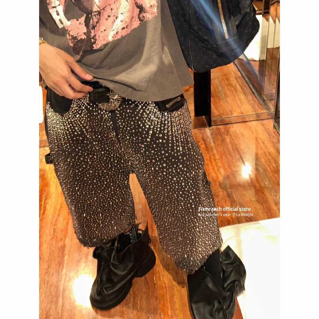 Firmranch New Full Rhinestone Jorts Men Women Black Shining Crop Pants High Street Gradient Color Sparkle Denim Shorts M250610