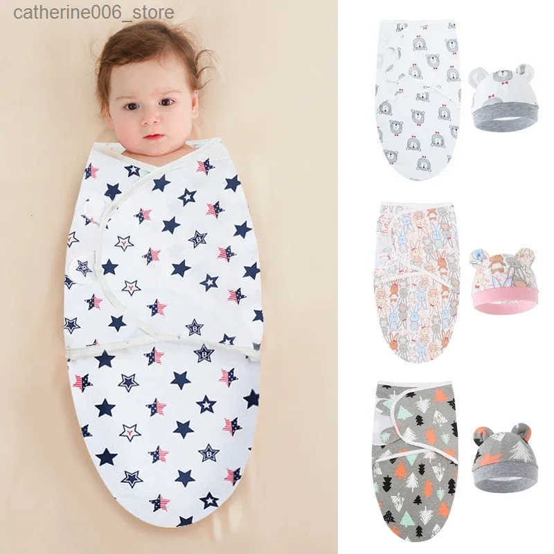 Baby Blanket Hat Set Cartoon Printed Cotton Newborn Swaddle Adjustable Infant Sleeping Swaddle Wraps All Seasons 0-6 Months y2506100G7T
