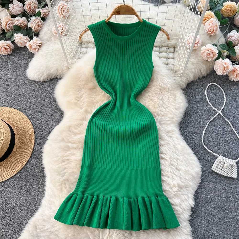 Summer Knitted Bodycon Sexy Dress 2024 O Neck Sleeveless Ruffled Party Sundress High Street Elastic Slim Short DressXJ250610