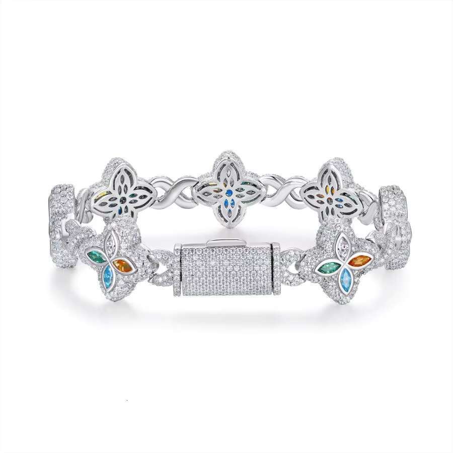 Fashionable 925 Silver Chain Bracelet with Moissanite Four-Leaf Clover Design - Stylish Hip Hop Gift for Birthdays Unisex