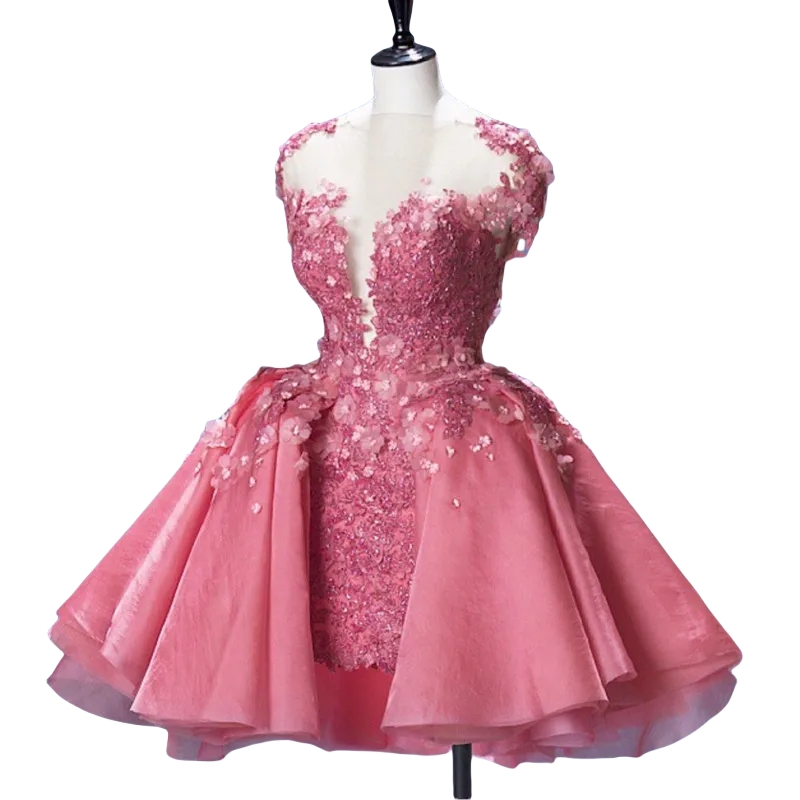 Mini Short Pink Prom Dresses With Detachable Skirt Floral Lace Appliques Cape Sleeves Modern Homecoming Dress Birthday Party Special Occasion Gown