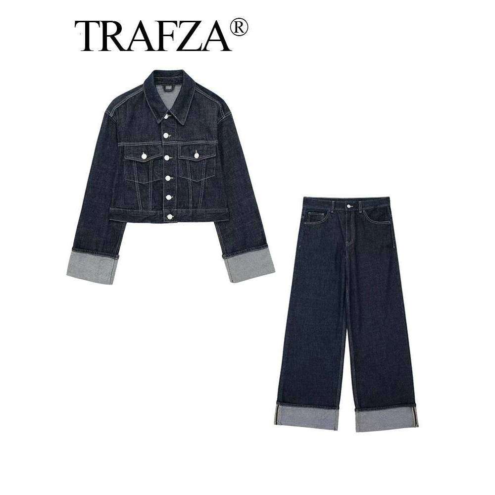 TEAFZA 2024 Vintage Women Patchwork Denim Jacket Pant Sets Long Sleeve Cropped Coat+High Waist Wide Leg Pants Streetwear Suit