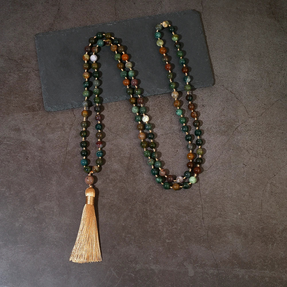 6mm/8mm Indian Agate 108 Mala Beaded Necklace Meditation Prayer Rosary with Tassel Pendant for Men and Women 250604