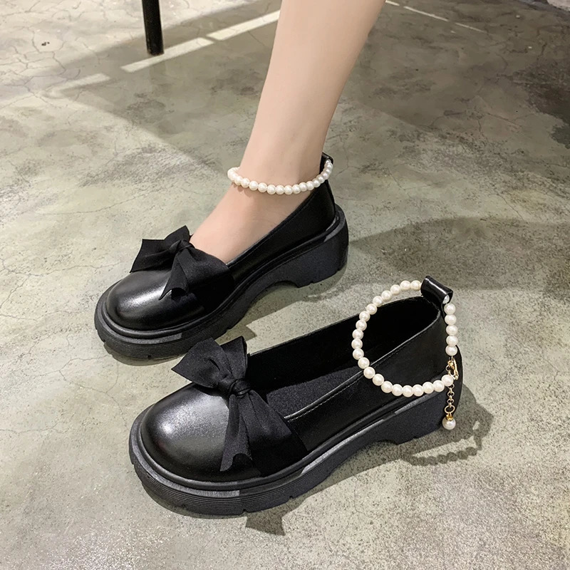 Fashion Mary Jane Shoes Women 2024 Spring/summer Pearl Bow Single Shoe Chunky Heel Small Leather Shoes 250603