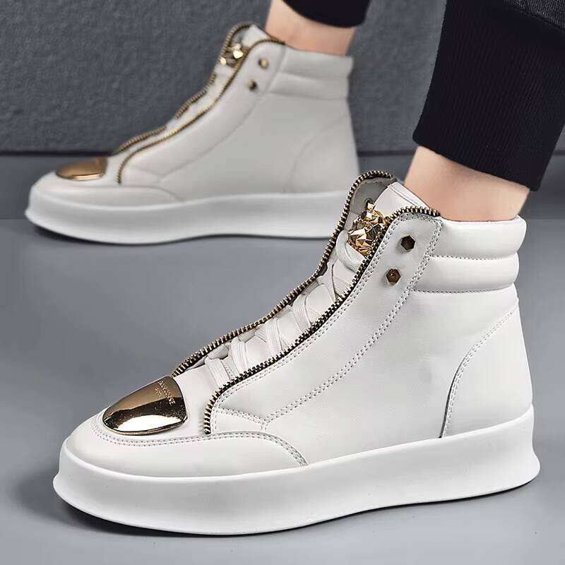 Middle-top Double Zipper Men's Fashion Casual Sports Shoes Trendy Leather Boots