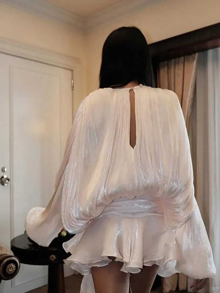 Elegant Solid Blouse Mini Dresses For Women V Neck Long Sleeve Spliced Lace Up Sweet Style Dress 2025 New Street Party VestidosXJ250610