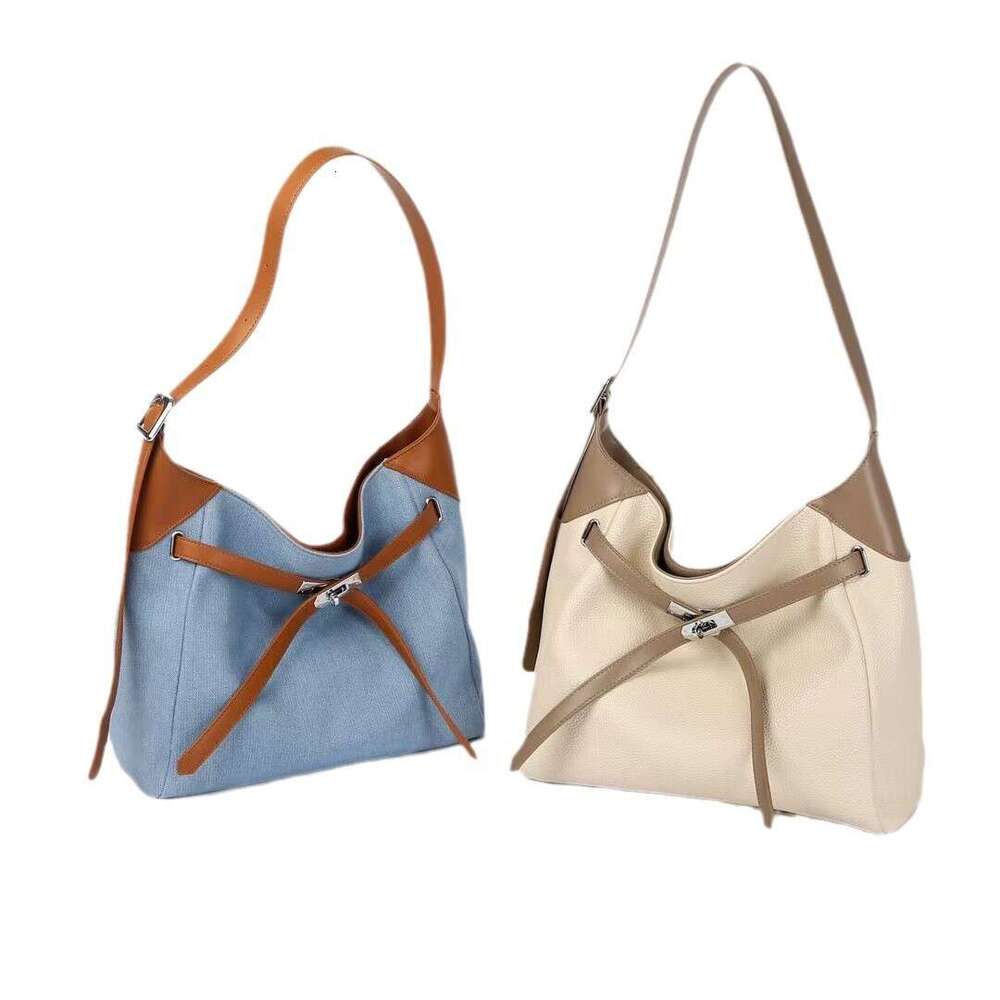2025 New Niche Color-Block Washed Denim Genuine Leather Large Capacity Tote Versatile Shoulder Fashion Women's Bag