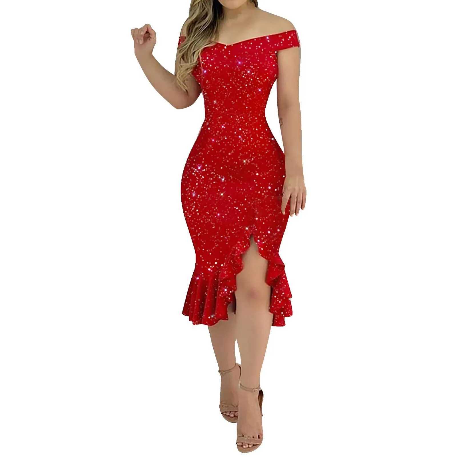 Womens Fashion Sexy Summer Off Shoulder Short Sleeve Sequin Ruffle Irregular Dresses Elegant Dresses For Women Woman Clothing XJ250610