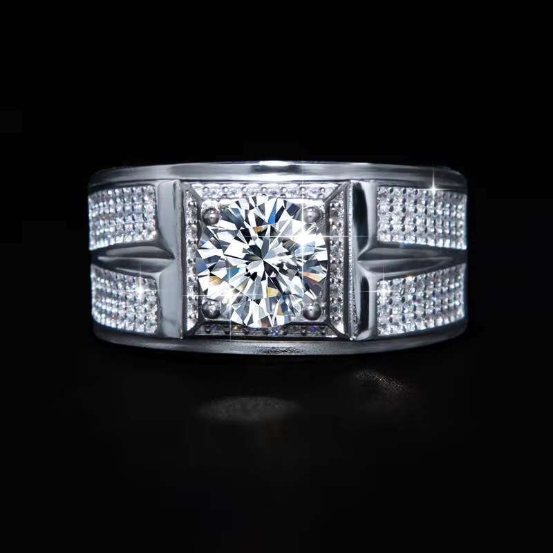 Wholesale Free Certificate Classic 925 Sterling Silver Rhodium Plated 1CT Round Brilliant Cut Moissanite Ring for Men