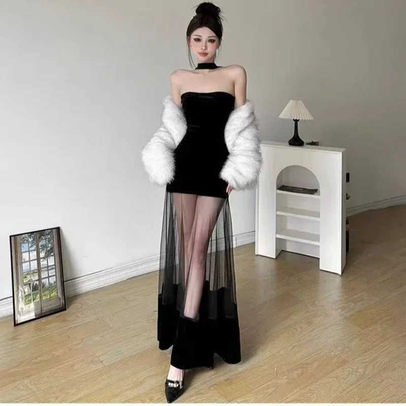 Pure Color Velvet Dress Women Sexy Birthday Party Gown Slimming Skirt Sleeveless Polyester Fiber Regular Waistline Design XJ250610