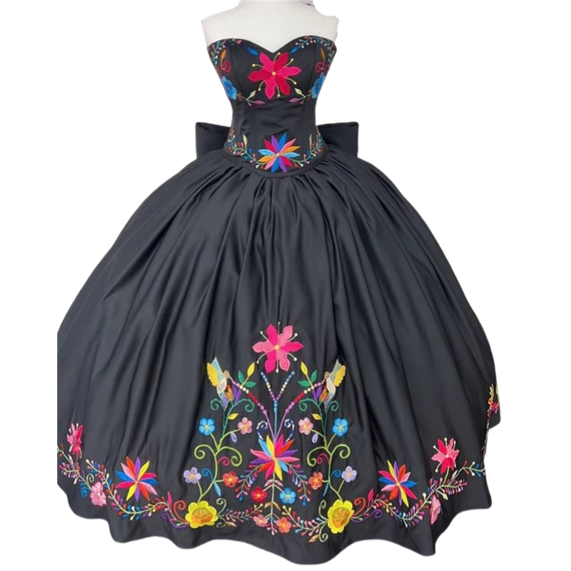 Black Mexican Quinceanera Dresses With Bow Back 2025 Colorful Floral Embroidery Charro Prom Boutique Dress For Teen Girls Vestido De VX anos