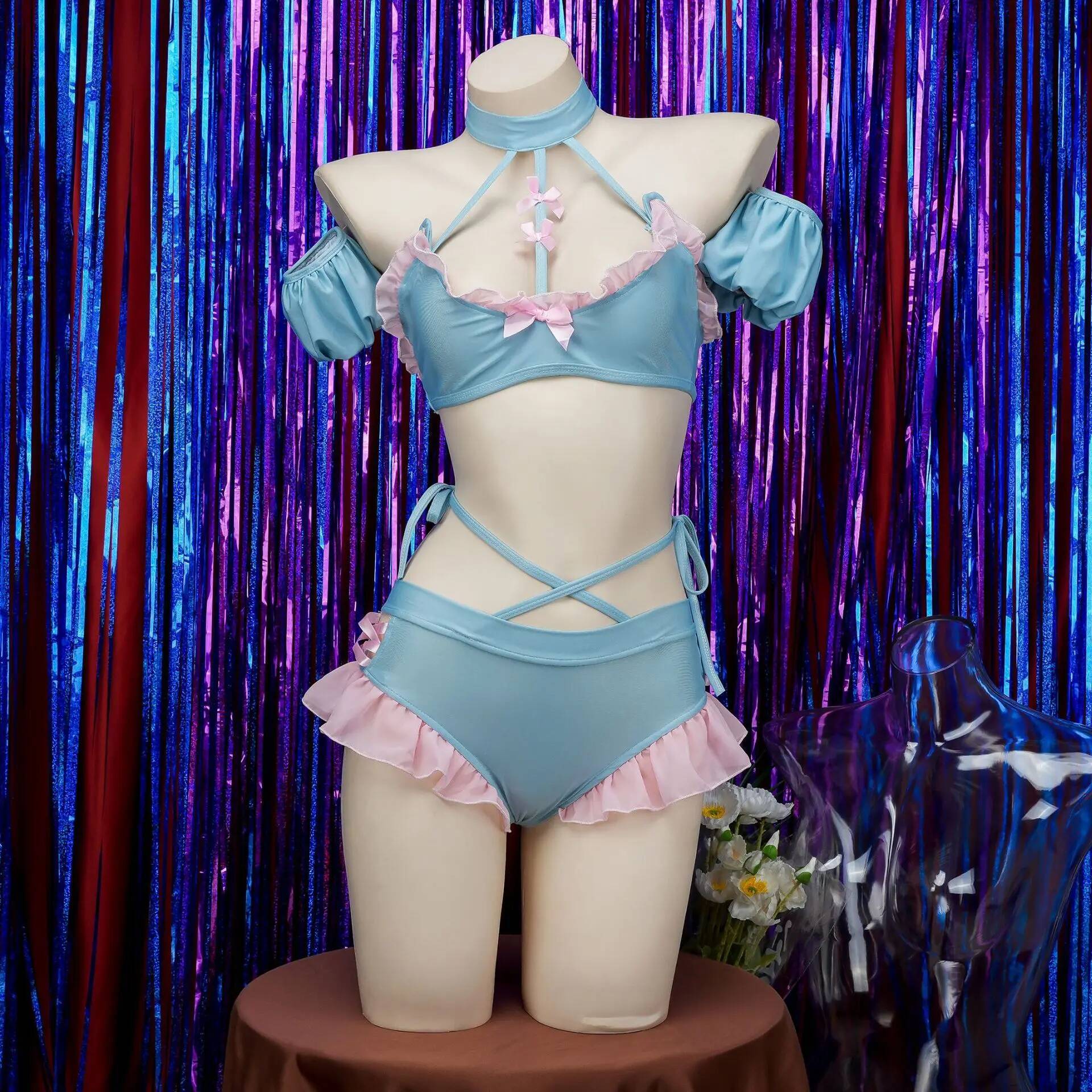Women Blue Pink Schoolgirl Ruffled Style Bikini Set Home Wear Lingeries Cosplay Costume Outfits Sexy Split Swimsuit