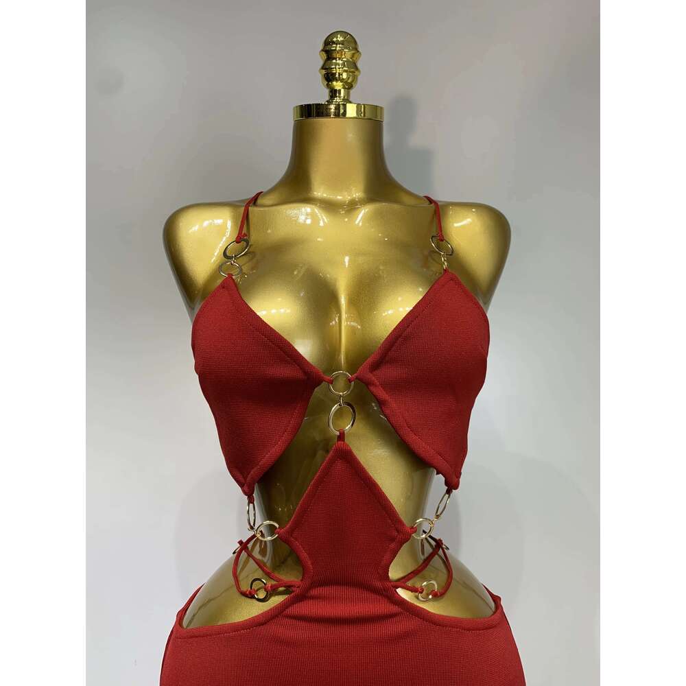 Women Sleeveless Sexy Halter Hollow Out Black Red Bodycon Long Bandage 2025 Celebate Elegant Birthday Club Dress