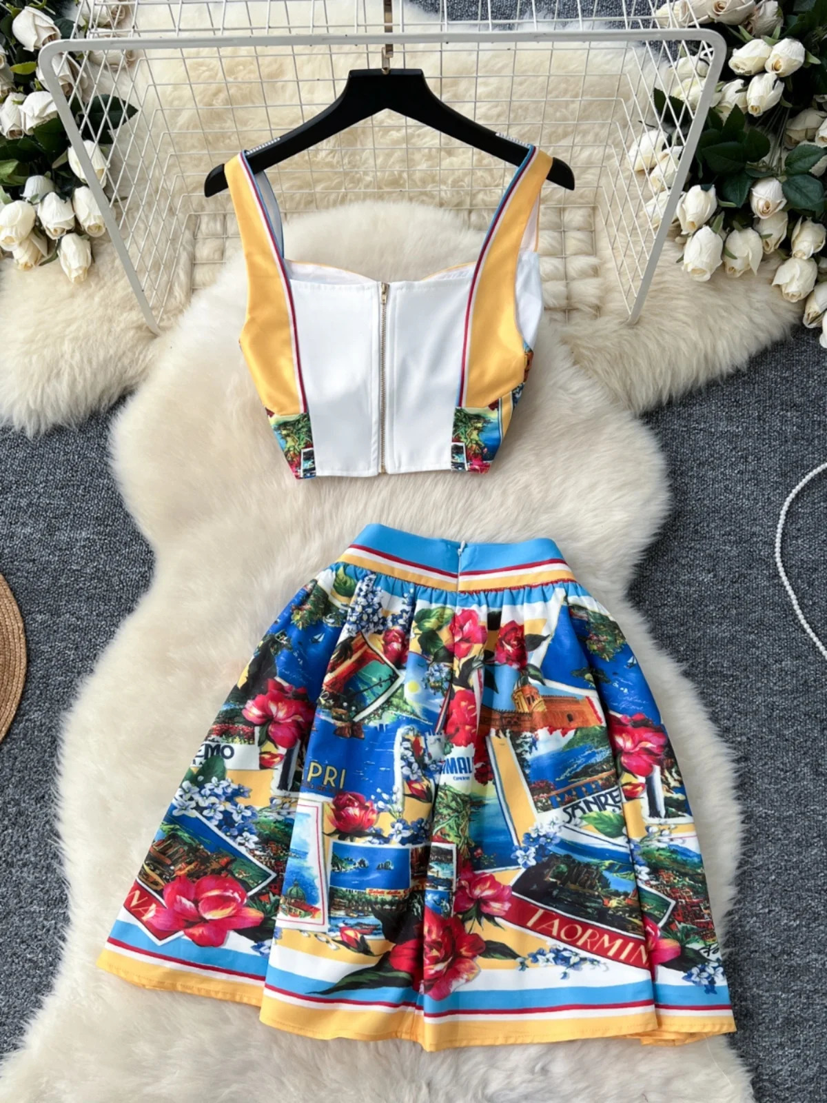 Fashion Summer Holiday Sexy Crop Tops And Mini Short Skirts 2pcs Outfits Womens Flower Print Two Piece Sets 250610