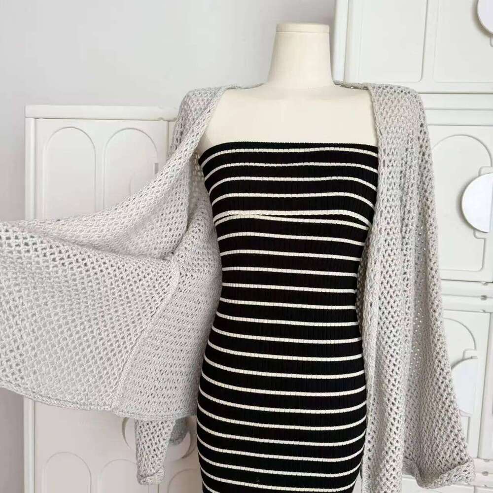 Hollow Lace-up Bathrobe Jacket Knitted Open Cardigan for Women Autumn Solid Fashion Sweater Coat Loose