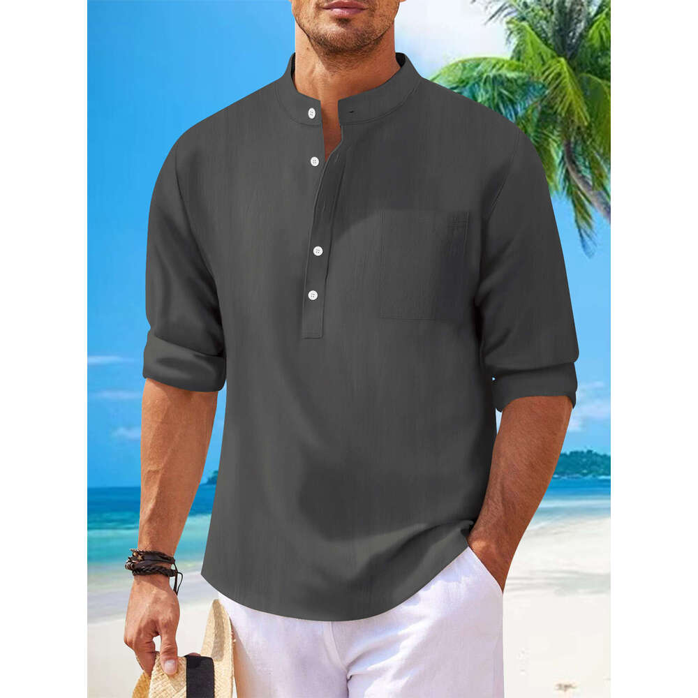 Autumn New Men's Solid Color Casual Cotton Linen Stand Collar Long Sleeve Shirt B5
