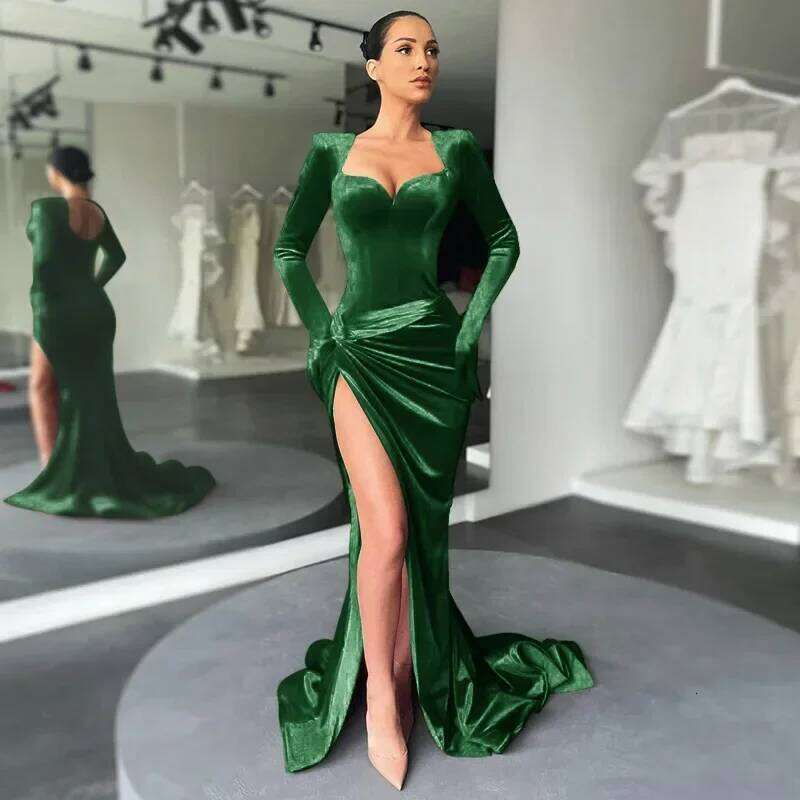Elegant Veet Slash Neck Sleeve With Gloves Bandage Evening Party Club Floor Length Dress Women Sexy Split On Long Dresses