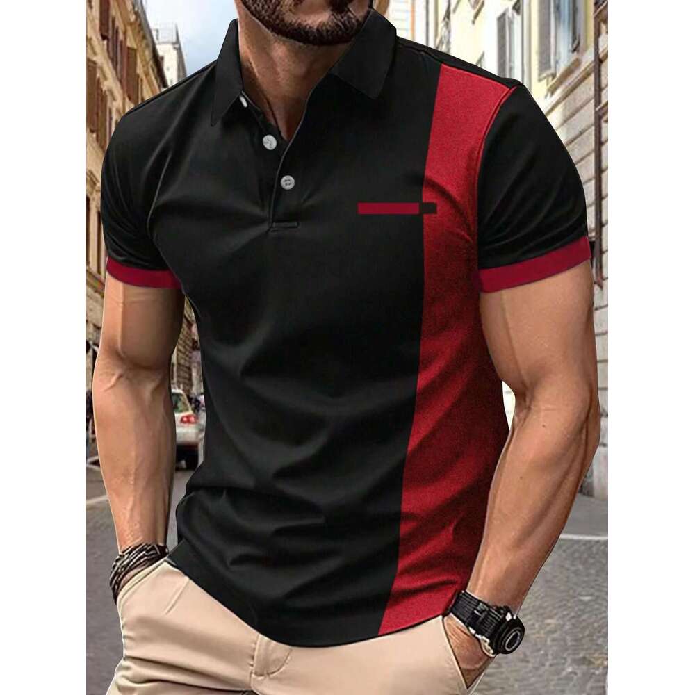 Ins Men's Summer Collar Striped Print Short Sleeve Polo Sports Shirt B5