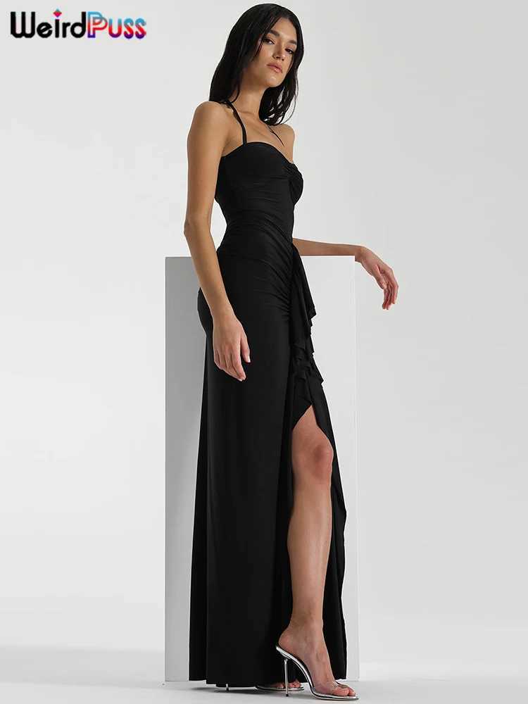 Weird Puss Ruffles Tassel Women Dress Halter Backless Open Split Ruched Peach Hip Bodycon Ladies Wedding Evening Party VestidosXJ250610