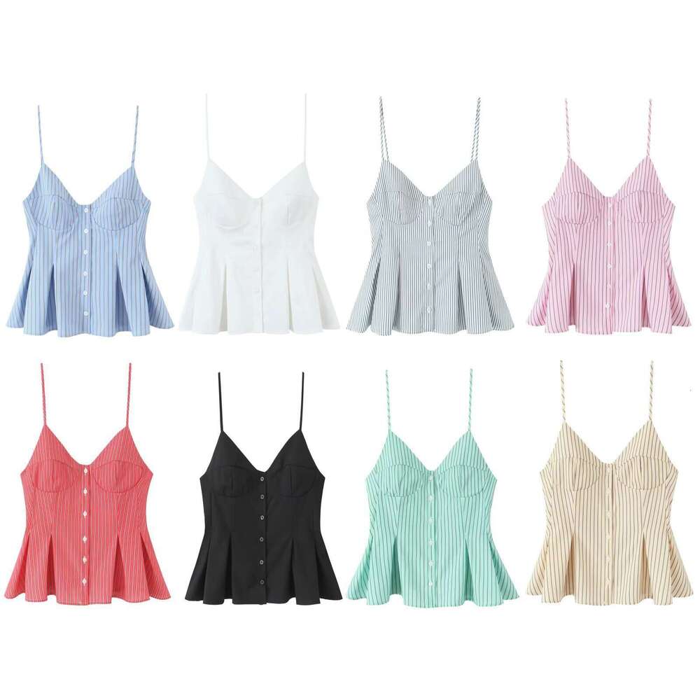 6013- New Women's Fashion V-Neck Buttoned Solid Color Pleated Camisole Top For Women B5