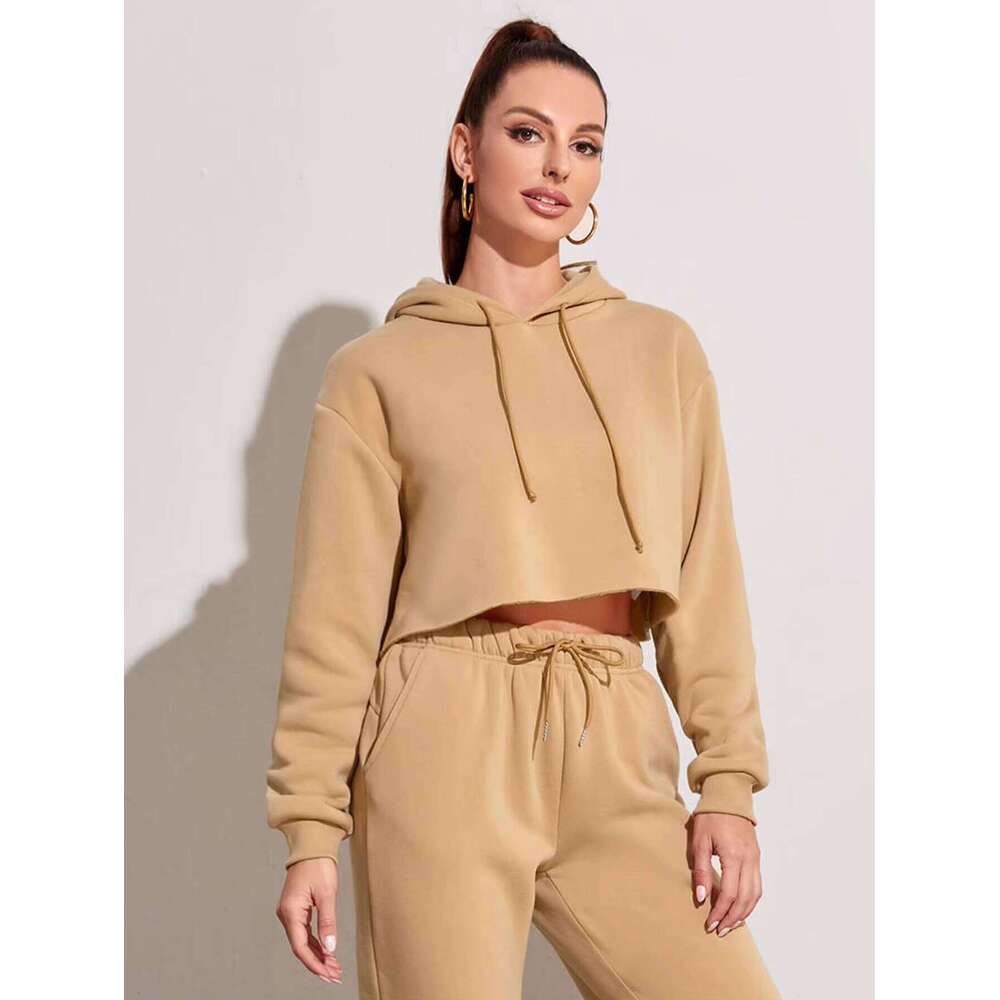 Premium Solid Color Long Sleeve Pullover Crop Sweatshirt Women's Hoodie Cotton Sports Streetwear