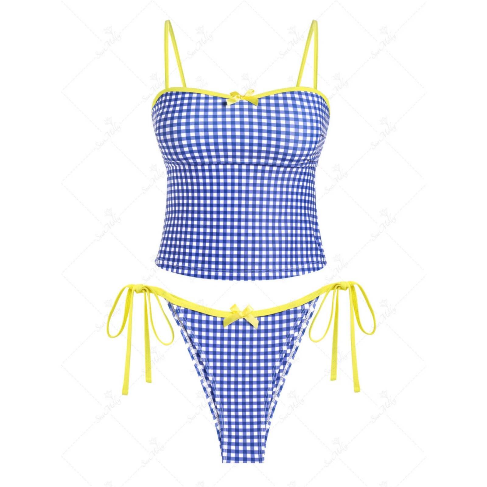 Yiiciovy Plaid Print Summer Swimming Women Bikini Set Spaghetti Strap Crop Tops Tie-up Low Rise Thongs Bathers Bathing Suit