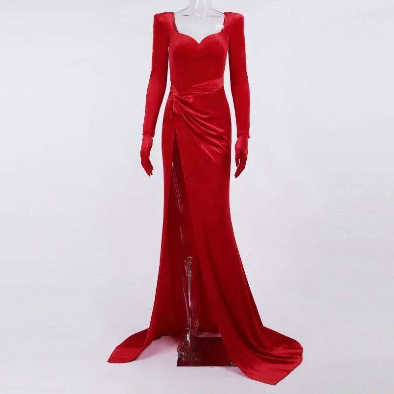 Elegant Veet Slash Neck Sleeve With Gloves Bandage Evening Party Club Floor Length Dress Women Sexy Split On Long Dresses