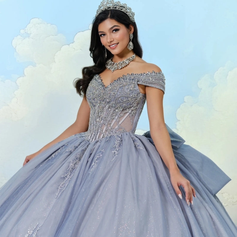 Gray Shiny Off The Shoulder Ball Gown Quinceanera Dresses Appliques Lace Beading Tiered Tull Sweet 16 Dress vestidos 15 Anos