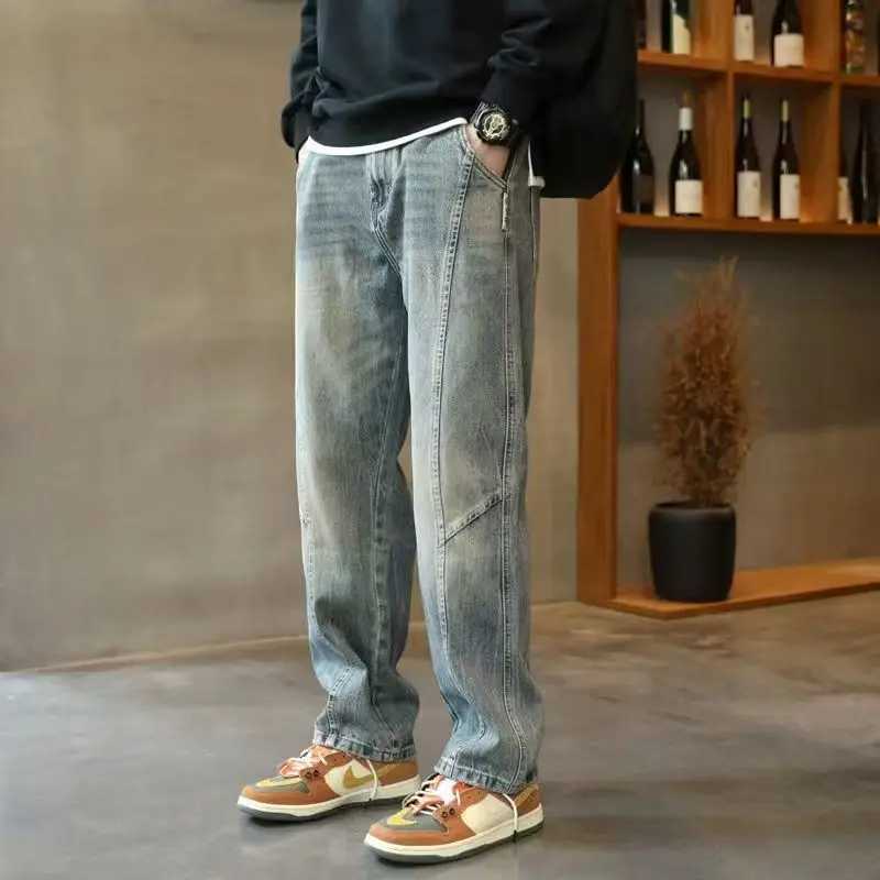Fashion 2025 Mens Autumn Retro Design Patchwork Loose Fit Denim Jeans Heavy Washed Casual Drop Crotch Wide Leg Harem Pants M250610