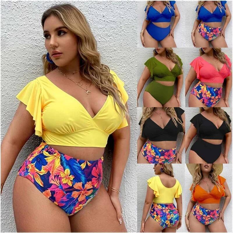 Plus Size High Waist Ruffle Set Sexy Flounce Bikini Swimwear Women Two Pieces Swimsuit Floral Beachwear V-neck
