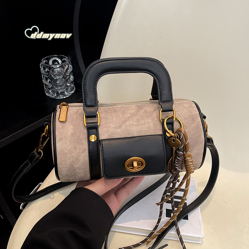 New 2025 Fashion Handbag Versatile Commuter Color-Block Tote Cylinder Single Shoulder Crossbody Bag for Women ddmynov