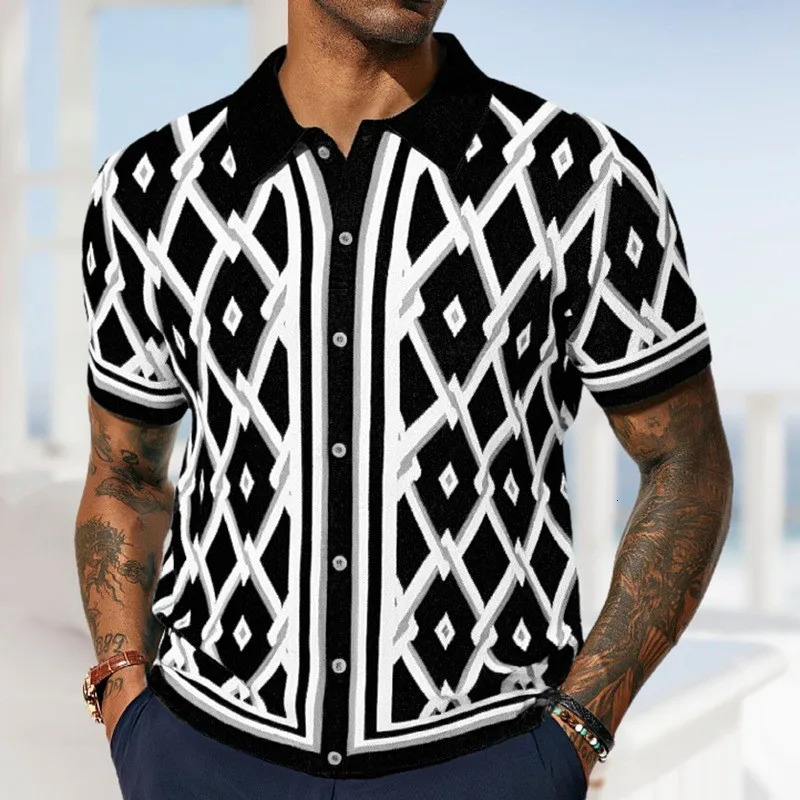 Mens Knitted Jacquard Business Polo Shirt Fashion Short Sleeve Buttondown Cardigan Vintage Leisure Knitwear Summer 250610