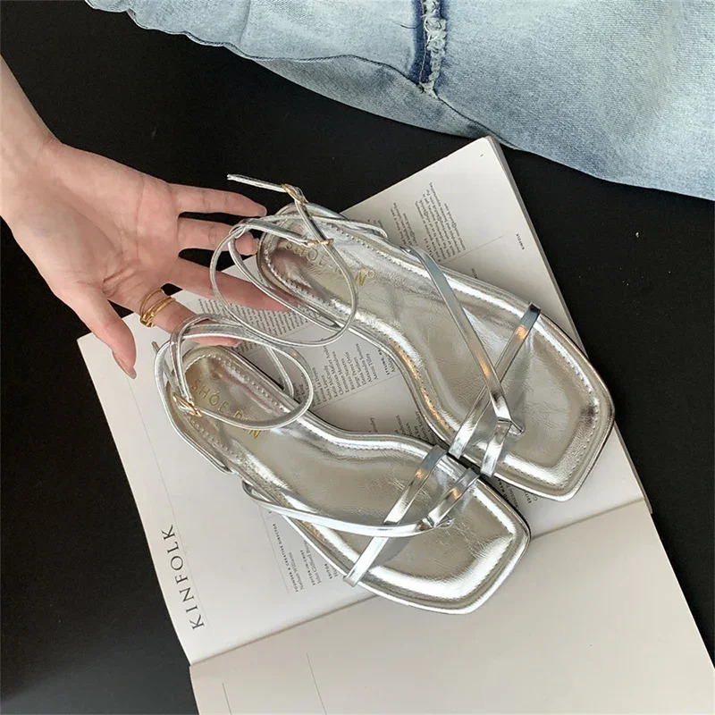 2025 Summer Gladiator Women Sandals Fashion Elegant Narrow Band Clip Toe Shoes Ladies Comfort Flats Beach Sandalias 250604