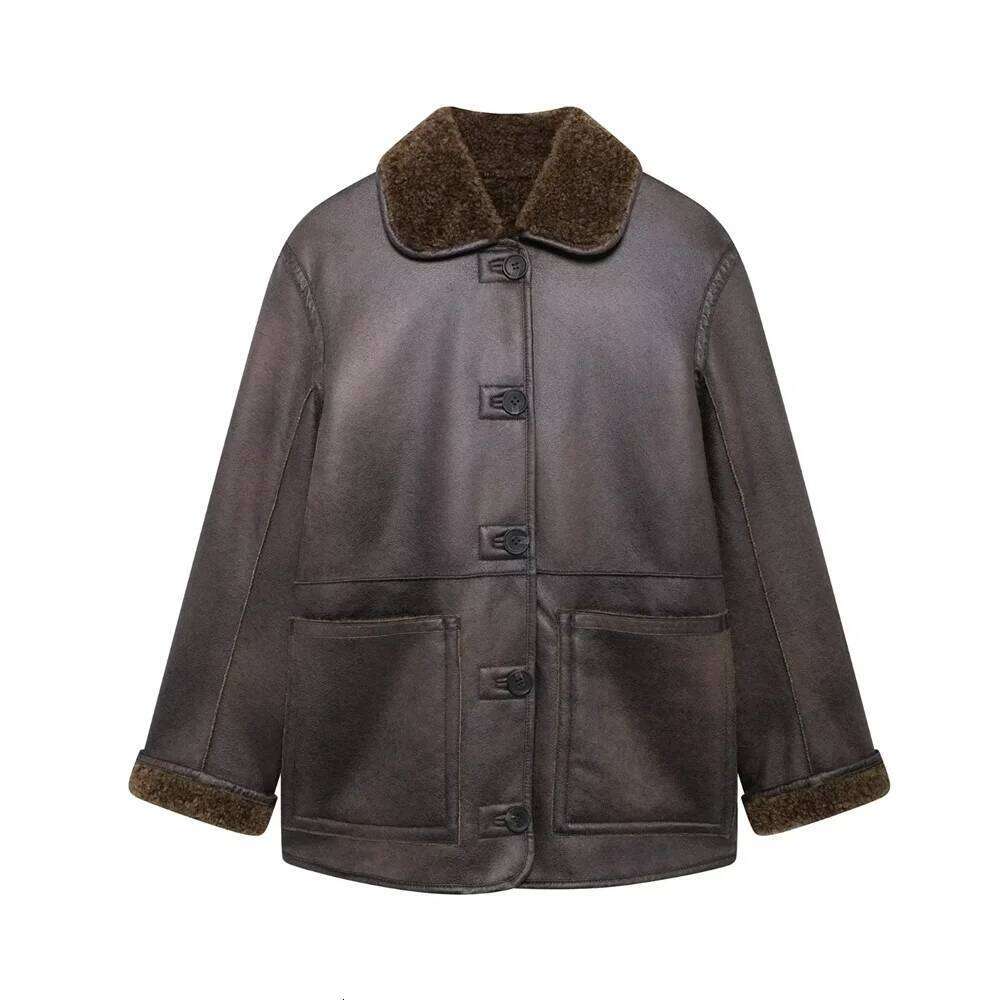 TRAF2024 Autumn/Winter New Women's Wear High end Warm Leather Double sided Imitation Lamb Wool Loose Coat