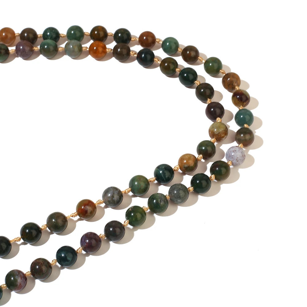 6mm/8mm Indian Agate 108 Mala Beaded Necklace Meditation Prayer Rosary with Tassel Pendant for Men and Women 250604