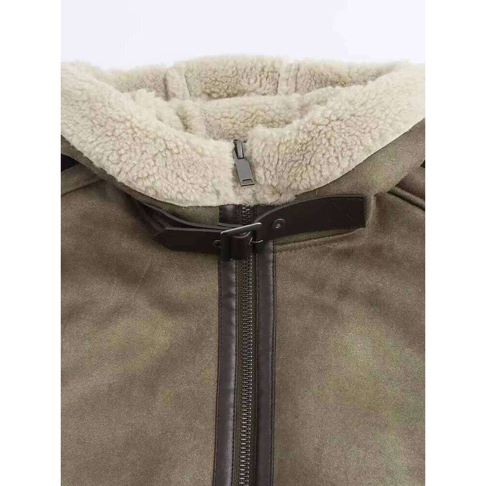 2024 autumn and winter women's new fashion all-match American motorcycle fur hooded double-sided long-sleeved jacket