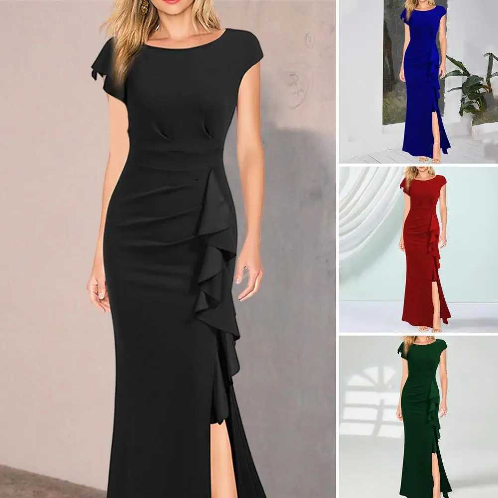 Elegant High Waistline Dress Elegant Summer Evening Party Dress with Side Ruffle Detail Slim Fit Wrap Womens O-neck Gown Dress XJ250610