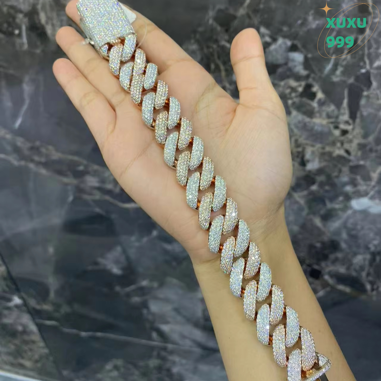Two-tone White Sliver Plated 18mm VVS Moissanite Dia Cuban Chain Necklace Hip-hop Fashion Bracelet OACOCA