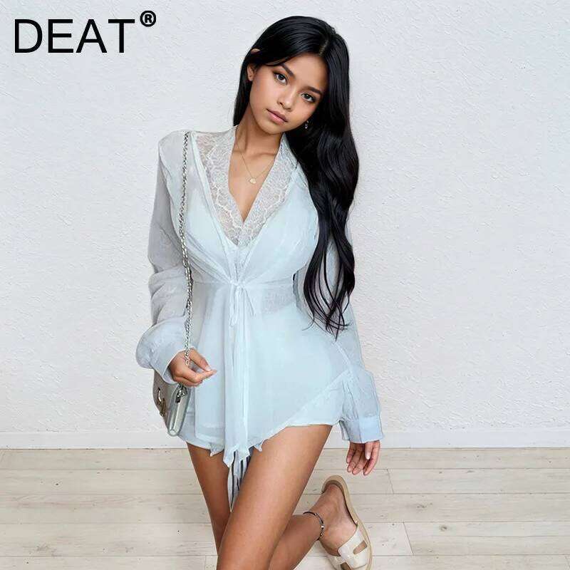 DEAT Fashion Women's Lace Patchwork Edge Sunscreen Shirt Loose Solid Color Lace-Up Long Sleeve Tops Female Trendy 11A03915