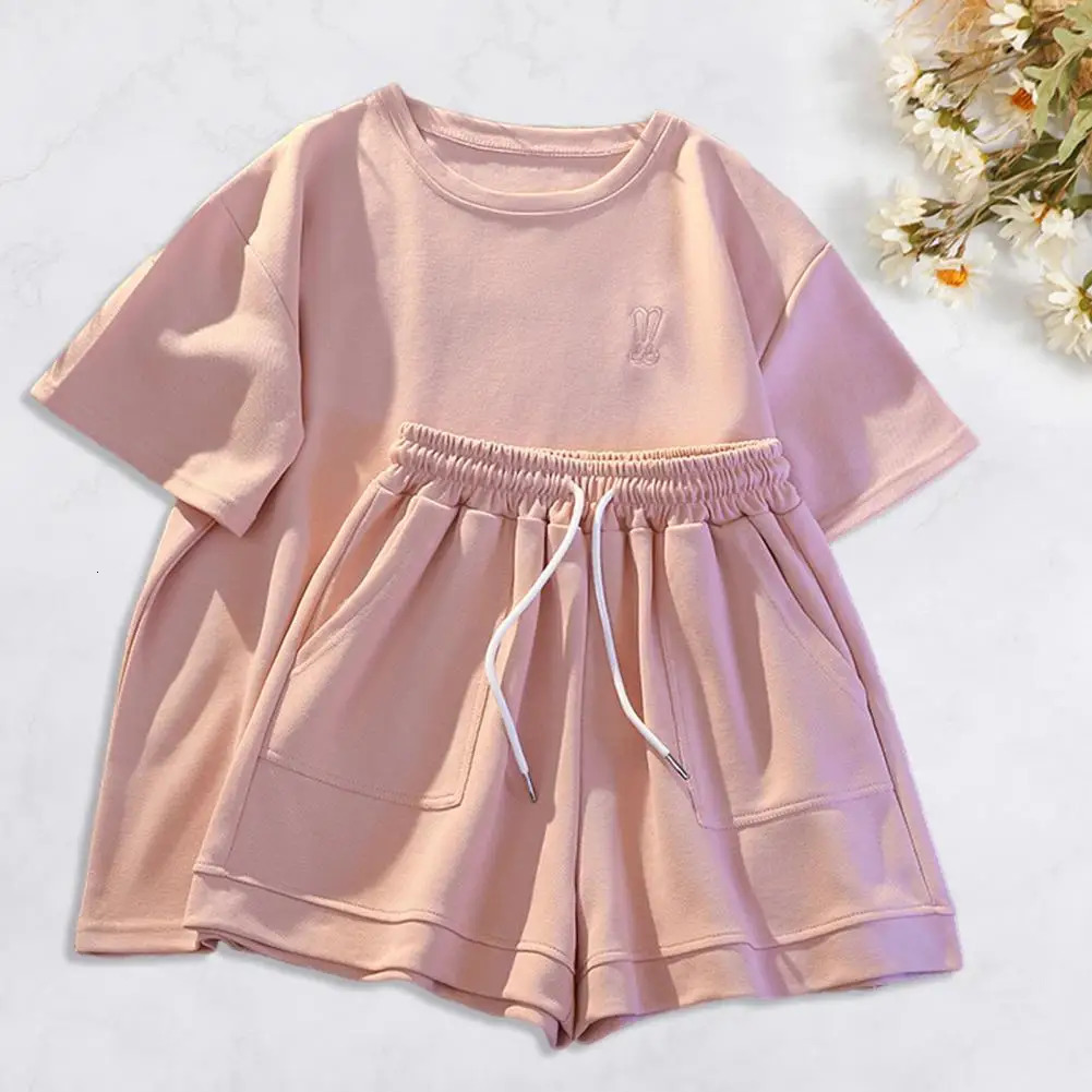 Women Suit Versatile Womens Tracksuit Set Stylish Round Neck T-shirt Elastic Waist Shorts Suit for Outfit 2 Pcs/set Lady 250609
