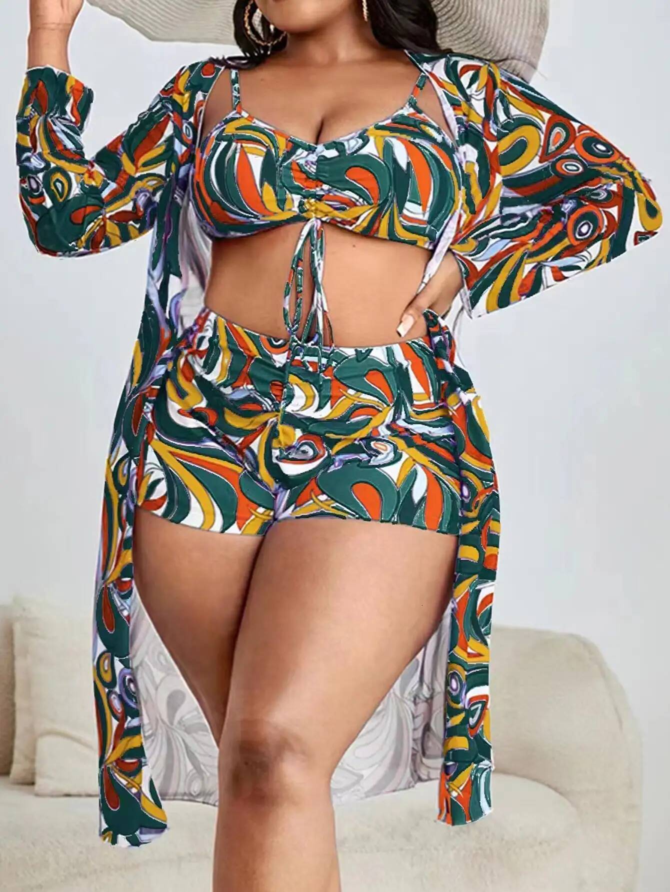 3 Pieces Large Size Bikini 2025 Printed Swimsuit Women & Kimono Drawstring Front Swimwear Female Bathing Swimming Suit Beachwear