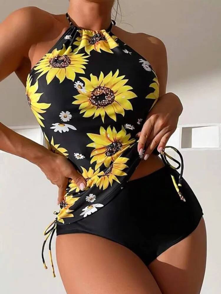 Women Suower Print Tankini Sets High Waist Bikini Two Pieces Swimsuit Swimwear Female Bathing Suit Beachwear Pool Swimming