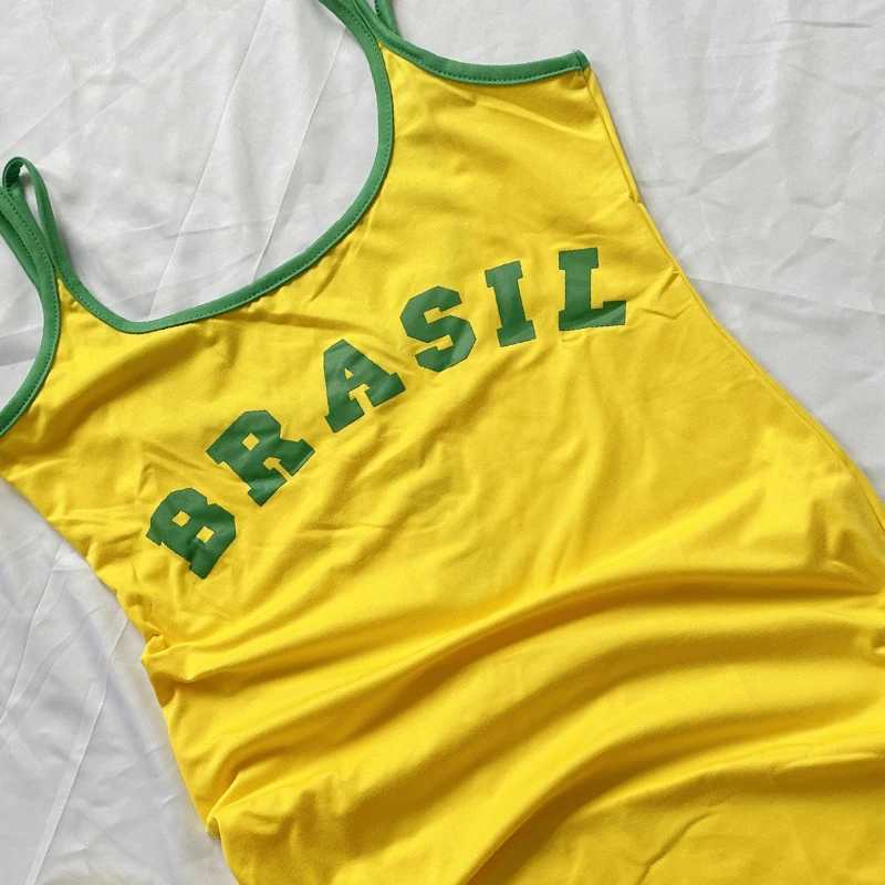 2024 Suspender Dress Women Beach Casual Short Dress Yellow Brasil Printed Long T Shirt Loose U Neck Sexy Summer Sling Mini Robe XJ250610
