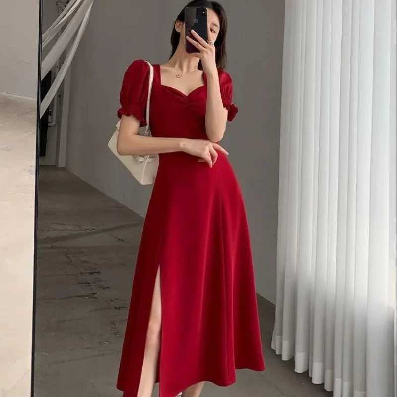 Solid Puff Short-Sleeved Elegant Slit Dress New Fashion Women V-neck Full Dresses Ladies High Waist Slim Evening Party Vestidos XJ250610